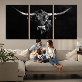 42077175-MGV-CV-36X24-Texas Longhorn Wall Art Canvas Print, Framed Monochrome Bull Art Picture Print, Horned Bull Perfect Rustic Western Decor Artwork