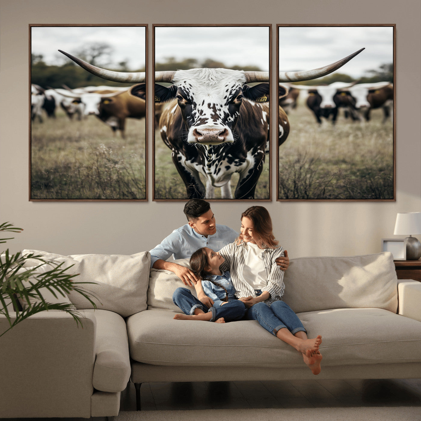 79025945-MGV-FC-60X30-3P_Walnut-Texas Longhorn Wall Art Canvas Print, Framed Speckled Cow Art Picture Print, Horned Cattle Perfect Rustic Western Decor Artwork