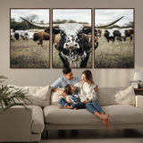 79025945-MGV-FC-60X30-3P_Walnut-Texas Longhorn Wall Art Canvas Print, Framed Speckled Cow Art Picture Print, Horned Cattle Perfect Rustic Western Decor Artwork