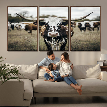 79025945-MGV-FC-60X30-3P_Walnut-Texas Longhorn Wall Art Canvas Print, Framed Speckled Cow Art Picture Print, Horned Cattle Perfect Rustic Western Decor Artwork