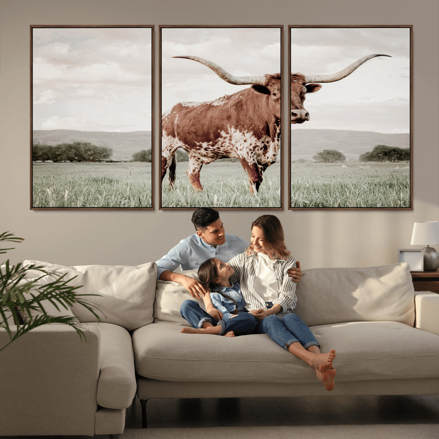 28309012-MGV-CV-36X24-Texas Longhorn Wall Art Canvas Print, Framed Spotted Cattle Art Picture Print, Horned Bull Perfect Rustic Western Decor Artwork