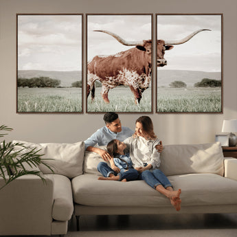 28309012-MGV-CV-36X24-Texas Longhorn Wall Art Canvas Print, Framed Spotted Cattle Art Picture Print, Horned Bull Perfect Rustic Western Decor Artwork