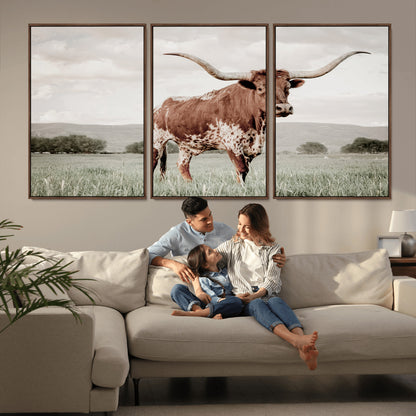 28309012-MGV-CV-36X24-Texas Longhorn Wall Art Canvas Print, Framed Spotted Cattle Art Picture Print, Horned Bull Perfect Rustic Western Decor Artwork