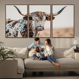 70414966-MGV-CV-36X24-Texas Longhorn Wall Art Canvas Print, Framed Speckled Cow Art Picture Print, Horned Bull Perfect Rustic Western Decor Artwork