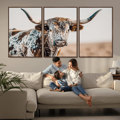 70414966-MGV-CV-36X24-Texas Longhorn Wall Art Canvas Print, Framed Speckled Cow Art Picture Print, Horned Bull Perfect Rustic Western Decor Artwork