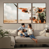 72766375-MGV-CV-36X24-Texas Longhorn Wall Art Canvas Print, Framed Spotted Cow Art Picture Print, Horned Cattle Perfect Rustic Western Decor Artwork