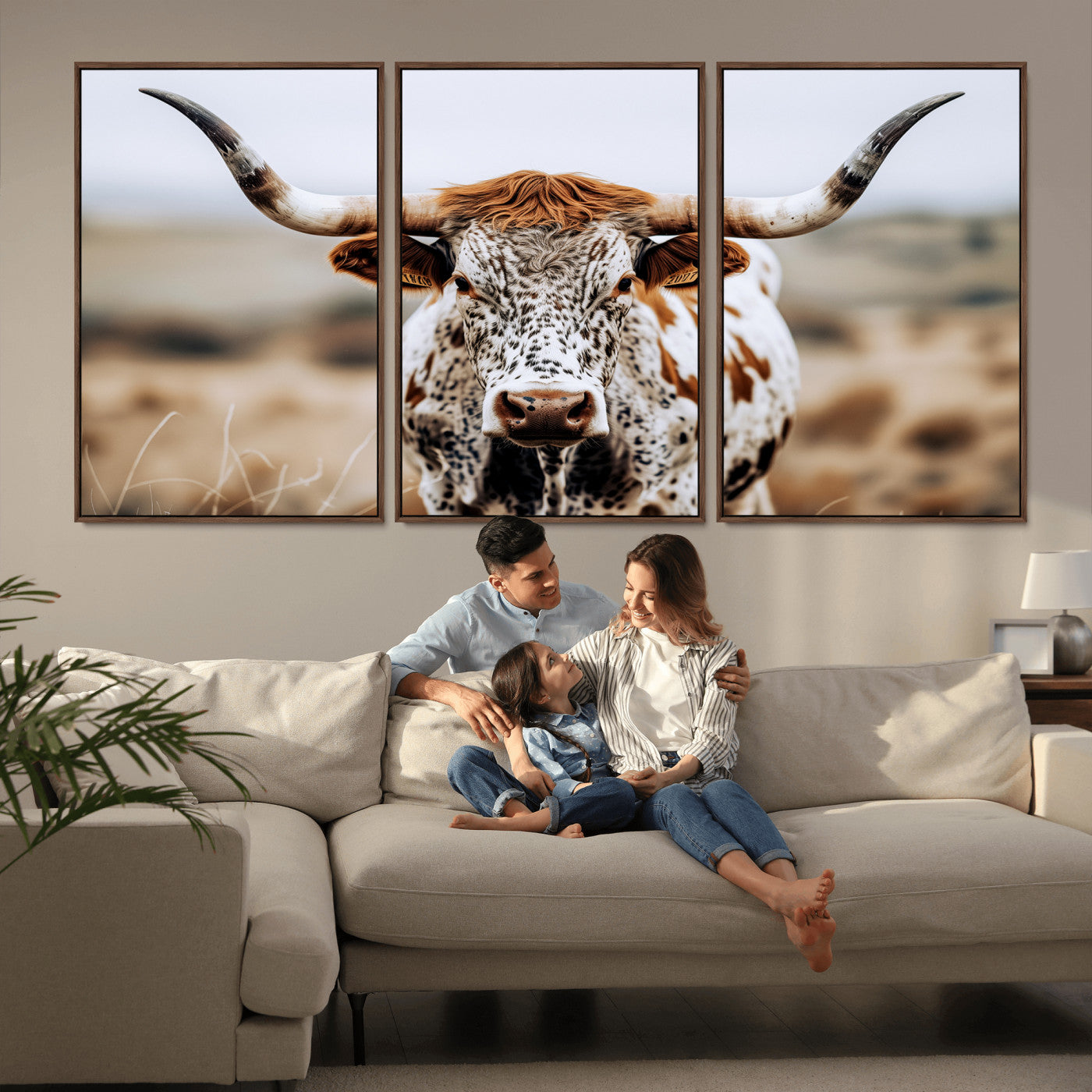 76294381-MGV-CV-36X24-Texas Longhorn Wall Art Canvas Print, Framed Spotted Cow Art Picture Print, Horned Cattle Perfect Rustic Western Decor Artwork