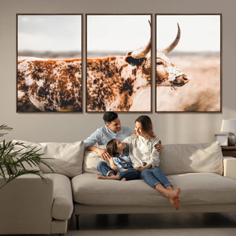 11528295-MGV-CV-36X24-Speckled Longhorn Wall Art Canvas Print, Framed Texas Cattle Art Picture Print, Horned Cow Perfect Rustic Western Decor Artwork