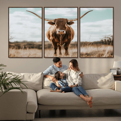 39350715-MGV-CV-36X24-Texas Longhorn Wall Art Canvas Print, Framed Longhorn Cow Art Picture Print, Western Cattle Perfect Rustic Western Decor Artwork