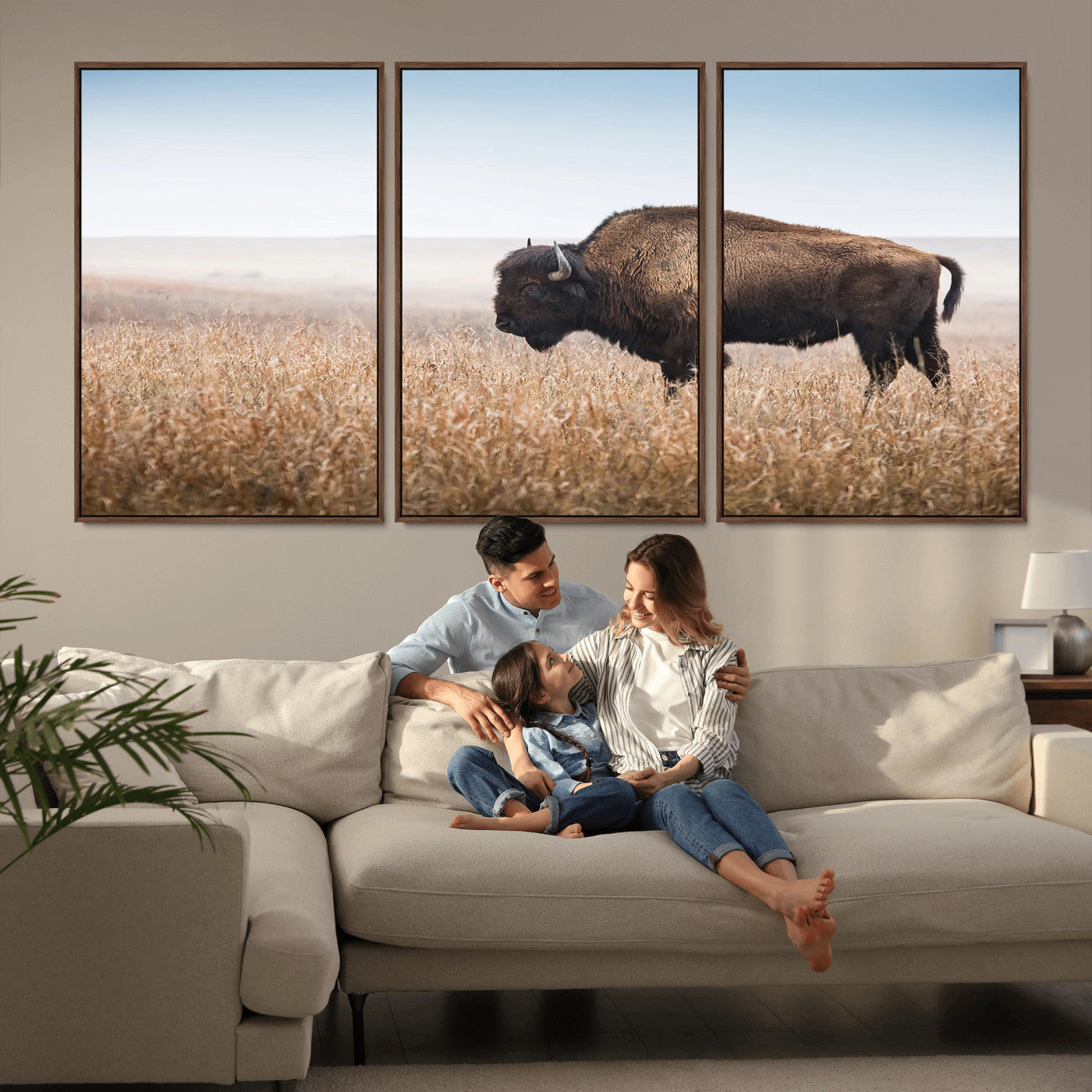 91267849-MGV-CV-36X24-Wild Bison Wall Art Canvas Print, Framed Bison in Prairie Art Picture Print, Rustic Western Perfect Rustic Western Decor Artwork