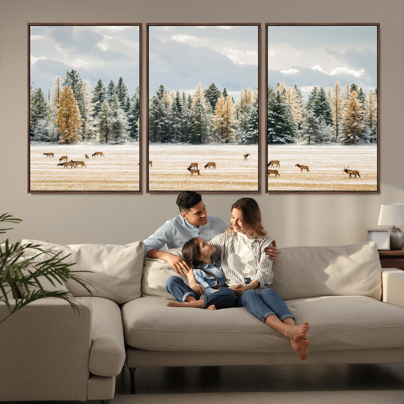 64188182-MGV-CV-36X24-Elk Herd Wall Art Canvas Print, Framed Snowy Forest Art Picture Print, Forest Elks Perfect Neutral Rustic Decor Artwork