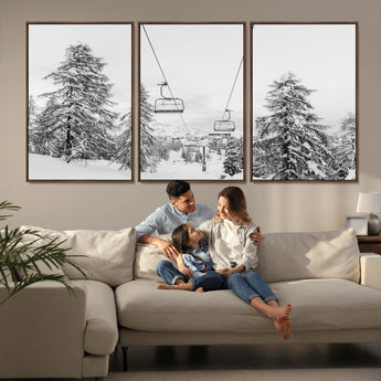 55003599-MGV-CV-36X24-Snowy Ski Lift Wall Art Canvas Print, Framed Winter Forest Art Picture Print, Ski lift Ride Perfect Winter Lodge Decor Artwork