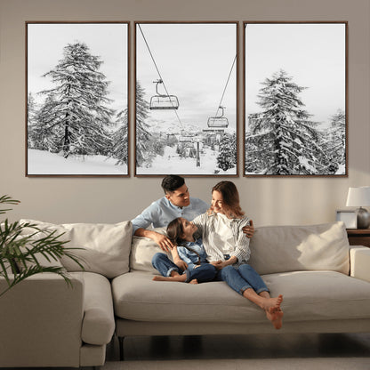 55003599-MGV-CV-36X24-Snowy Ski Lift Wall Art Canvas Print, Framed Winter Forest Art Picture Print, Ski lift Ride Perfect Winter Lodge Decor Artwork