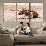 91248682-MGV-CV-36X24-Texas Longhorn Wall Art Canvas Print, Framed Resting Bull Art Picture Print, Spotted Cattle Perfect Rustic Western Decor Artwork