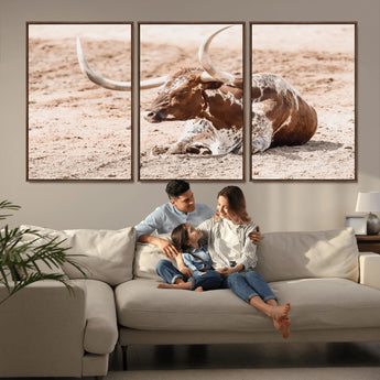 91248682-MGV-CV-36X24-Texas Longhorn Wall Art Canvas Print, Framed Resting Bull Art Picture Print, Spotted Cattle Perfect Rustic Western Decor Artwork