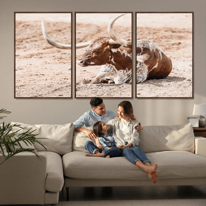 91248682-MGV-CV-36X24-Texas Longhorn Wall Art Canvas Print, Framed Resting Bull Art Picture Print, Spotted Cattle Perfect Rustic Western Decor Artwork