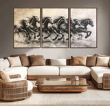 56089591-MGV-CV-36X24-Galloping Horses Wall Art Canvas Print, Framed Wild Stallions Art Picture Print, Horse Herd Sketch Perfect Monochrome Dynamic