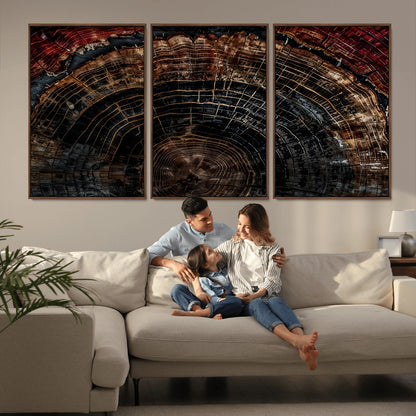 43686762-MGV-CV-36X24-Dark Wood Ring Wall Art Canvas Print, Framed Abstract Wood Tree Art Picture Print, Rustic Tree Slice Perfect Rustic Decor Artwork