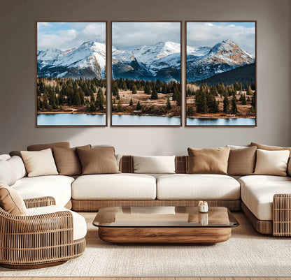 36247746-MGV-CV-36X24-Snowy Peaks Wall Art Canvas Print, Framed Alpine Lake Art Picture Print, Pine Forest Perfect Alpine Wilderness Decor Artwork