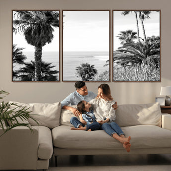 89458520-MGV-CV-36X24-Palm Trees Wall Art Canvas Print, Framed Coastal View Art Picture Print, Ocean Horizon Perfect Monochrome Coast Decor Artwork