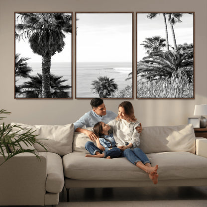 89458520-MGV-CV-36X24-Palm Trees Wall Art Canvas Print, Framed Coastal View Art Picture Print, Ocean Horizon Perfect Monochrome Coast Decor Artwork