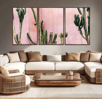 93119502-MGV-CV-36X24-Tall Cactus Wall Art Canvas Print, Framed Pink Wall Art Picture Print, Cactus Lines Perfect Modern Desert Decor Artwork