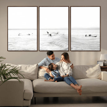 33449548-MGV-CV-36X24-Group Surfers Wall Art Canvas Print, Framed Ocean Wave Art Picture Print, Surf Crowd Perfect Monochrome Surf Decor Artwork