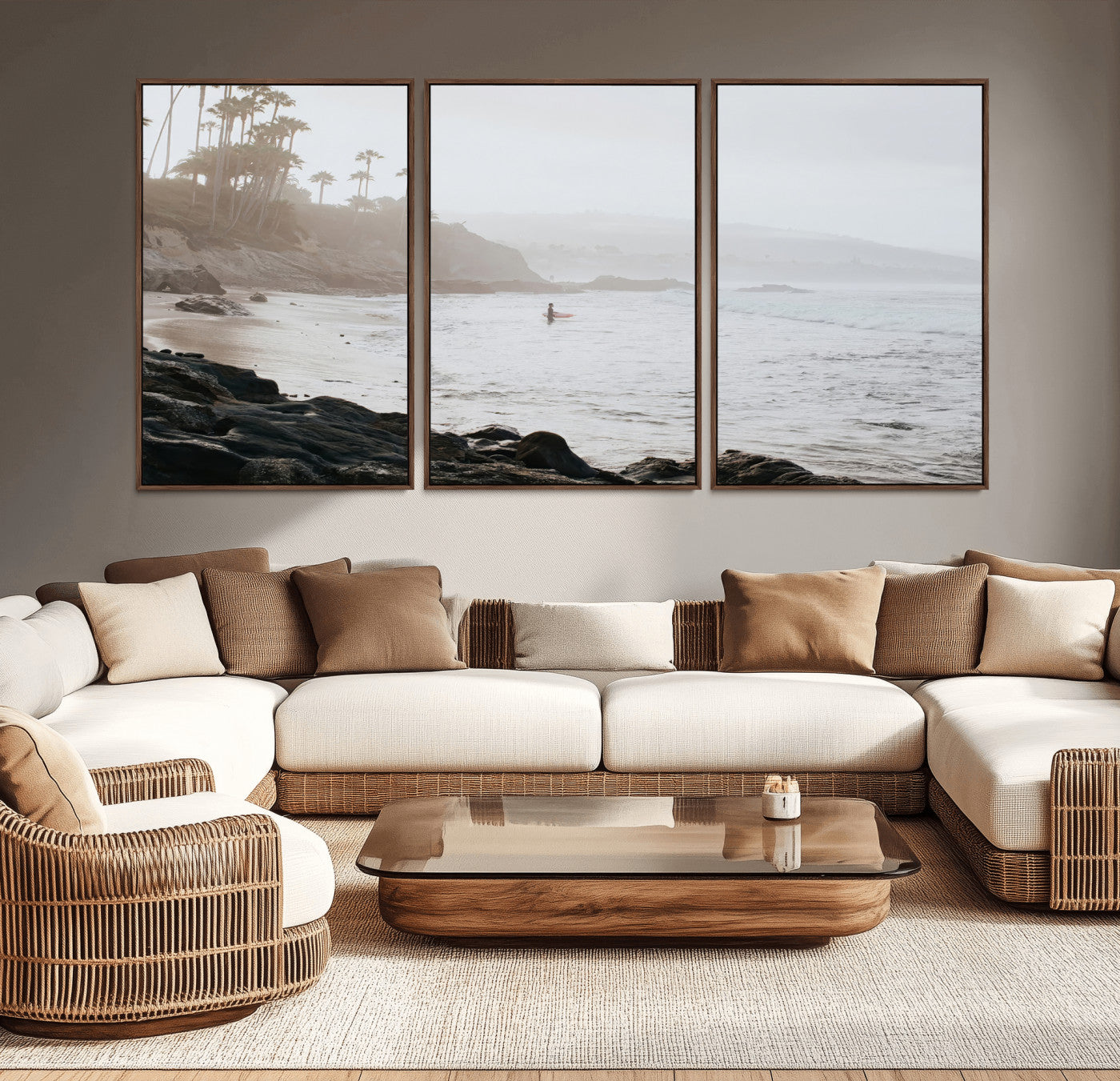 62501405-MGV-CV-36X24-Misty Beach Wall Art Canvas Print, Framed California Surfer Art Picture Print, Coastal Cliff Perfect Coastal Beach Decor Artwork