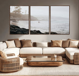 62501405-MGV-CV-36X24-Misty Beach Wall Art Canvas Print, Framed California Surfer Art Picture Print, Coastal Cliff Perfect Coastal Beach Decor Artwork