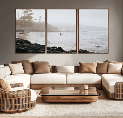 62501405-MGV-CV-36X24-Misty Beach Wall Art Canvas Print, Framed California Surfer Art Picture Print, Coastal Cliff Perfect Coastal Beach Decor Artwork