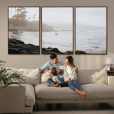 62501405-MGV-CV-36X24-Misty Beach Wall Art Canvas Print, Framed California Surfer Art Picture Print, Coastal Cliff Perfect Coastal Beach Decor Artwork