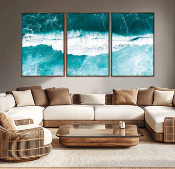 23828594-MGV-CV-36X24-Aerial Waves Wall Art Canvas Print, Framed Ocean Break Art Picture Print, Sea Foam Perfect Tropical Coastal Decor Artwork