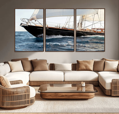 97168626-MGV-CV-36X24-Sailing Yacht Wall Art Canvas Print, Framed Wooden Yacht Art Picture Print, Ocean Waves Perfect Nautical Coastal Decor Artwork