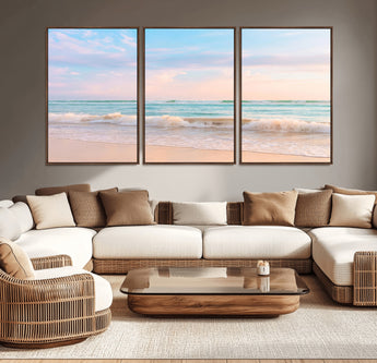 74679437-MGV-CV-36X24-Pastel Ocean Wall Art Canvas Print, Framed Beach Waves Art Picture Print, Soft Sunset Perfect Pastel Coastal Decor Artwork