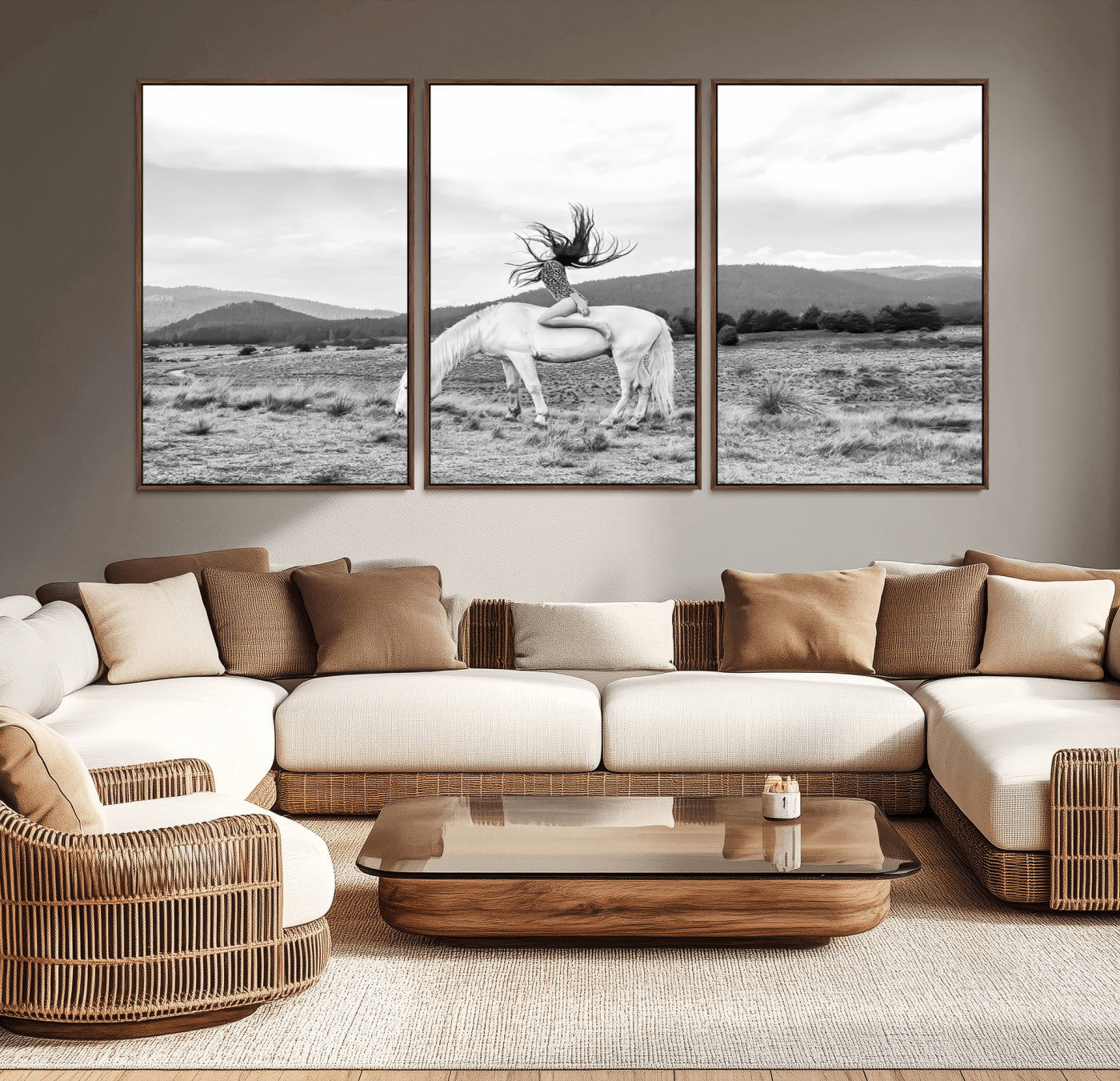 62789800-MGV-CV-36X24-White Horse Wall Art Canvas Print, Framed Woman Rider Art Picture Print, Equestrian Pose Perfect Western Boho Decor Artwork