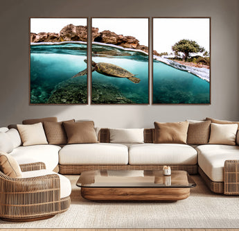 44200301-MGV-CV-36X24-Sea Turtle Swim Wall Art Canvas Print, Framed Ocean Life Art Picture Print, Tropical Shoreline Perfect Tropical Coastal Decor
