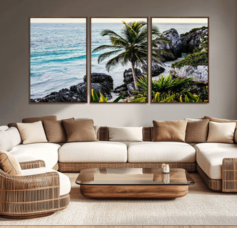 94669907-MGV-CV-36X24-Tropical Coastline Wall Art Canvas Print, Framed Palm Tree Art Picture Print, Rocky Beach Perfect Tropical Coastal Decor Artwork