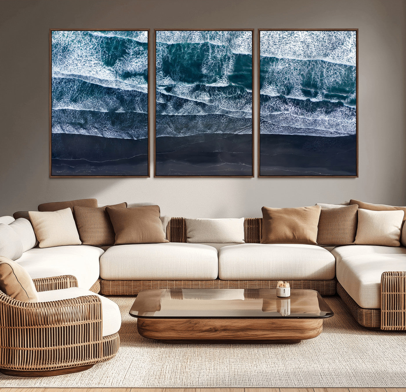 87941475-MGV-CV-36X24-Black Beach Wall Art Canvas Print, Framed Aerial Ocean Art Picture Print, Moody Coastal Perfect Modern Coastal Decor Artwork