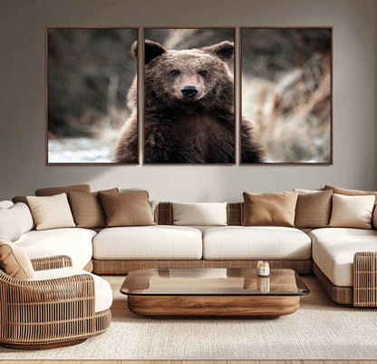47112103-MGV-CV-36X24-Brown Bear Wall Art Canvas Print, Framed Forest Wildlife Art Picture Print, Woodland Bear Perfect Rustic Cabin Decor Artwork