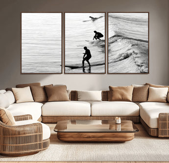 19875284-MGV-CV-36X24-Surfer Waves Wall Art Canvas Print, Framed Black White Surf Art Picture Print, Monochrome Ocean Perfect Modern Coastal Decor