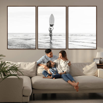 98446901-MGV-CV-36X24-Monochrome Surf Wall Art Canvas Print, Framed Minimalist Surfer Art Picture Print, Surfboard Silhouette Perfect Coastal Minimalist