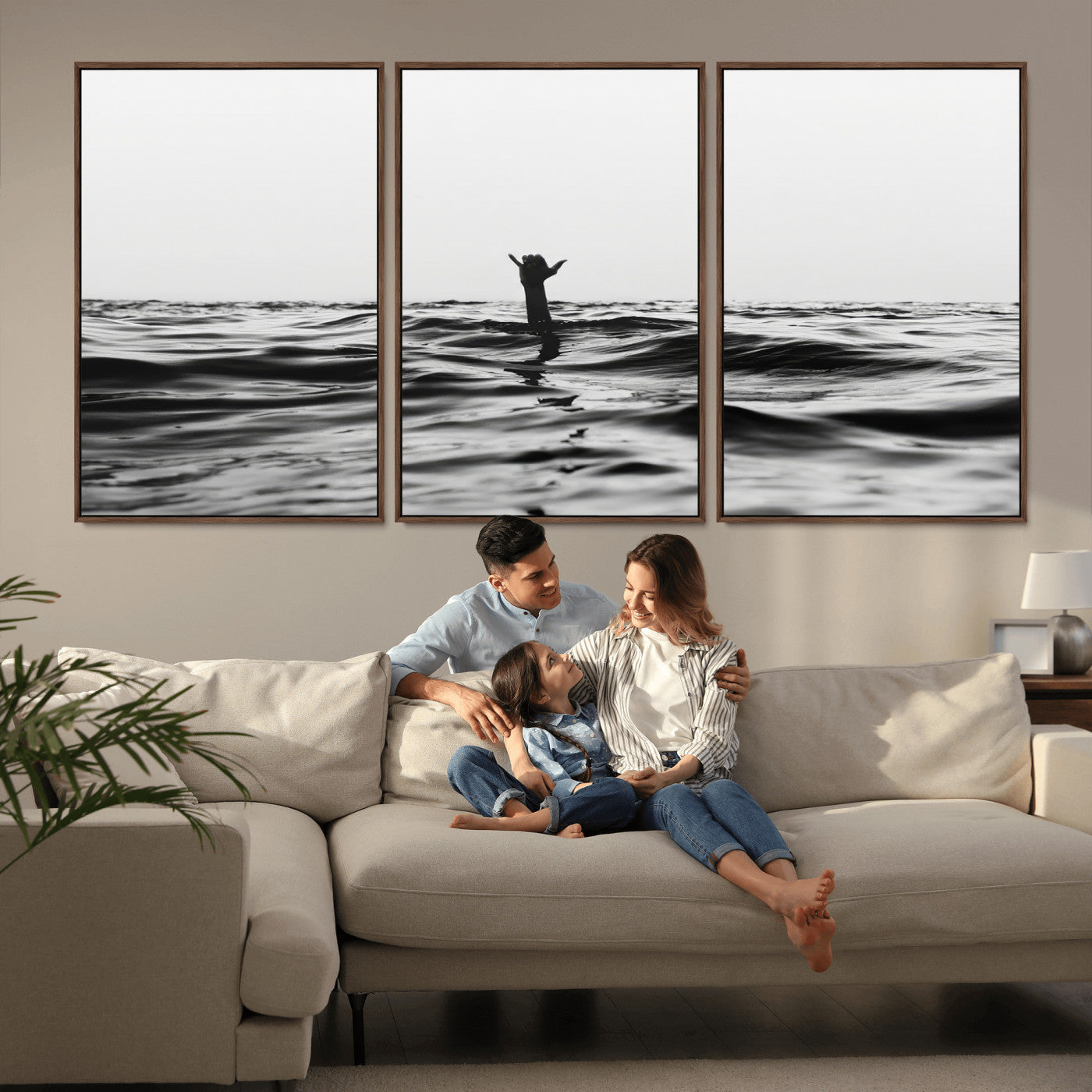 69541918-MGV-CV-36X24-Black White Ocean Wall Art Canvas Print, Framed Moody Seascape Art Picture Print, Surfer Sign Perfect Moody Minimalist Decor