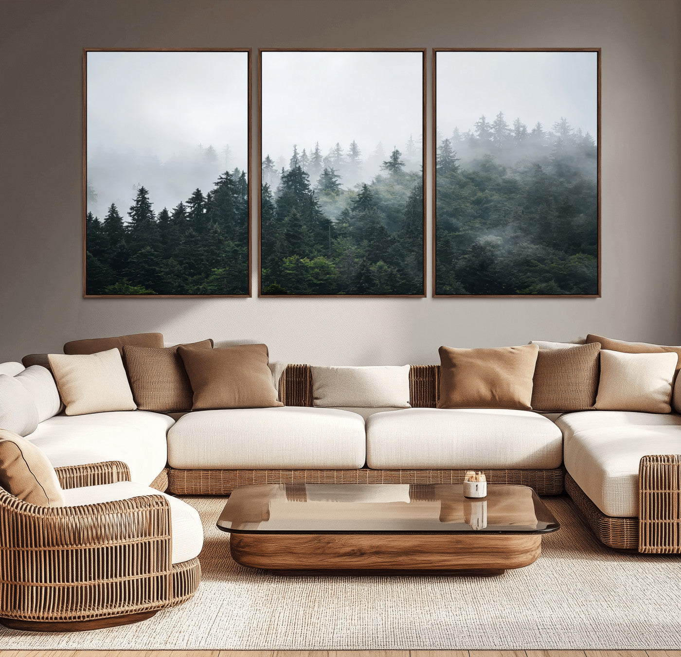 84146572-MGV-CV-36X24-Foggy Pine Trees Wall Art Canvas Print, Framed Forest Nature Art Picture Print, Evergreen Forest Perfect Scandinavian Minimalist