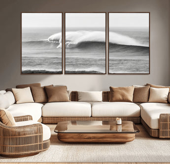 42544082-MGV-CV-36X24-Monochrome Seascape Wall Art Canvas Print, Framed Surf Wave Art Picture Print, Minimalist Ocean Perfect Moody Coastal Decor