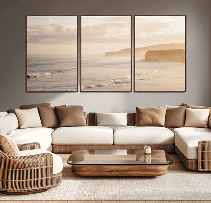 57669769-MGV-CV-36X24-Misty Coastal Wall Art Canvas Print, Framed Golden Sunset Art Picture Print, Serene Shoreline Perfect Tranquil Coastal Decor
