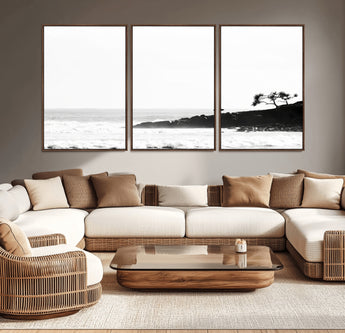 40875891-MGV-CV-36X24-SurferCliffs Wall Art Canvas Print, Framed Black White Beach Art Picture Print, Ocean Waves Perfect Minimalist Coastal Decor