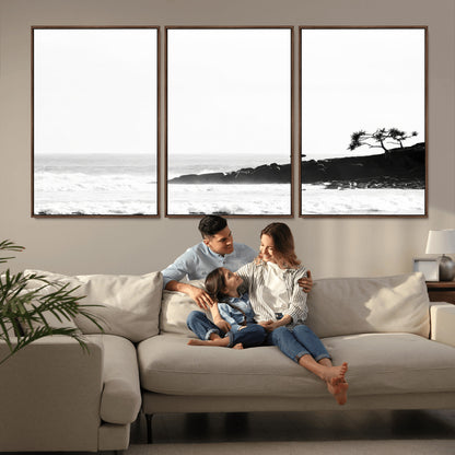 40875891-MGV-CV-36X24-SurferCliffs Wall Art Canvas Print, Framed Black White Beach Art Picture Print, Ocean Waves Perfect Minimalist Coastal Decor