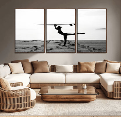 28441356-MGV-CV-36X24-Yoga Surf Wall Art Canvas Print, Framed Black White Shore Art Picture Print, Peaceful Ocean Perfect Minimalist Coastal Decor