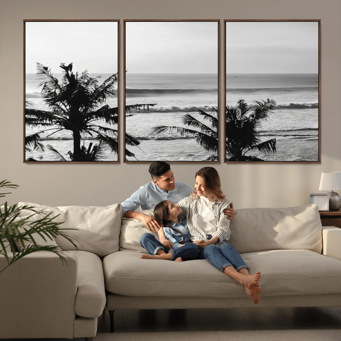 17508038-MGV-CV-36X24-Tropical Coastline Wall Art Canvas Print, Framed Palm Trees Art Picture Print, Ocean Waves Perfect Minimalist Coastal Decor