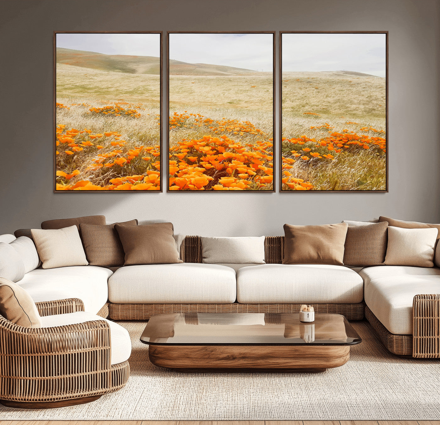 28972262-MGV-CV-36X24-Golden Wildflowers Wall Art Canvas Print, Framed Hills Bloom Art Picture Print, Poppy Meadow Perfect Rustic Nature Decor Artwork